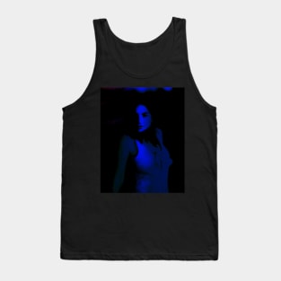 Portrait, digital collage, special processing. Disturbed woman, looking on us. Beautiful. Blue light line. Tank Top